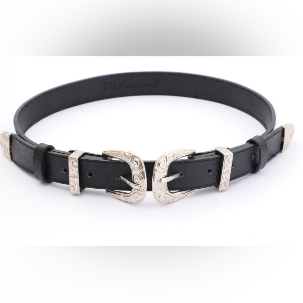 Women's Western Black Belt Adjustable Double Buckle with Silver Tone Hardware